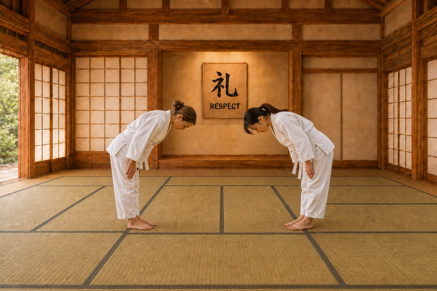 Twee volwassen vrouwen die voor elkaar buigen in een Japanse trainingsruimte als teken van respect